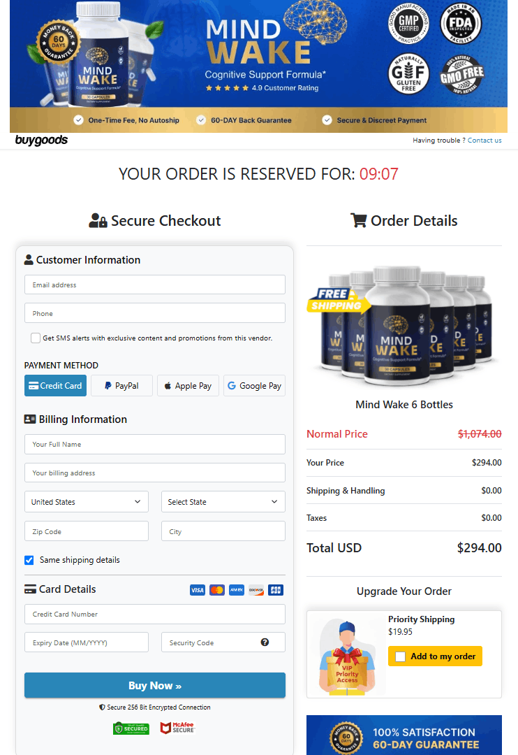 MindWake order page